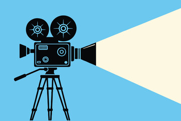 camera film camera icon on tripod projecting light for media concept