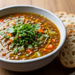 Hearty lentil soup with fresh herbs and crusty bread a nourishing meal