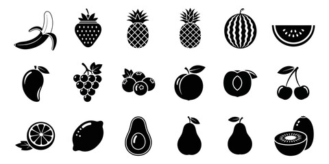 Collection of various fresh fruits depicted in a distinctive black silhouette style