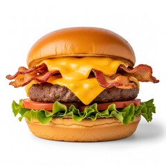 Delicious juicy bacon cheeseburger with toppings on a bun