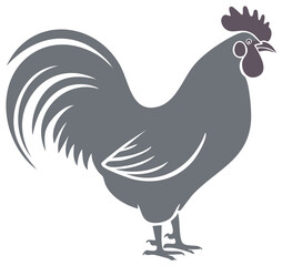 Fototapeta premium Stylized rooster illustration in gray and white, farm animal icon with a decorative tail and comb isolated on white