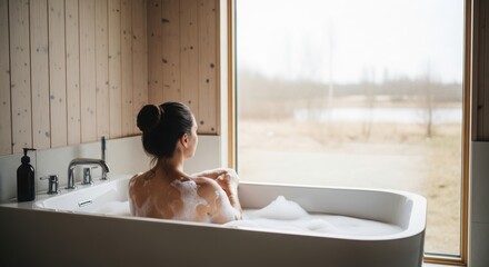 Serene Bath Time in a Minimalist Bathroom. Woman Relaxing in a Bathtub with Bubbles. Tranquil Bathroom Interior with Natural Light.