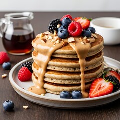 Delicious stack of fluffy pancakes topped with fresh berries and syrup