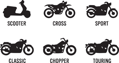 motorcycle scooter cross sport classic chopper touring icons vector set
