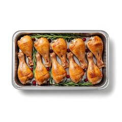 Crispy golden baked chicken drumsticks arranged in a foil pan with fresh herbs top down view