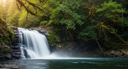 Misty Waterfall in a Lush Green Forest. Sunlit Waterfall Cascading Over Dark Rocks. Balanced Nature Composition with Waterfall.