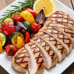 Delicious grilled pork chops with colorful roasted vegetables and lemon slice on white plate