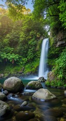 Early Morning Waterfall in a Dense Forest. Waterfall Flowing Over a Rocky Cliff. Harmonious Landscape with Smooth Foreground Rocks.