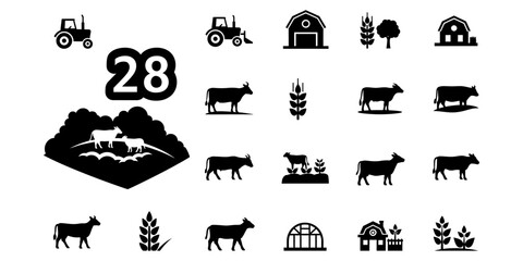 Farm and agriculture icons set with cows and tractor.