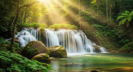 Wide View of a Multi-Stream Forest Waterfall. Sunlight Reflecting on a Serene Waterfall Pool. Textured Landscape with Large Smooth Boulders.