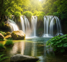 Wide View of a Multi-Stream Forest Waterfall. Sunlight Reflecting on a Serene Waterfall Pool. Textured Landscape with Large Smooth Boulders.