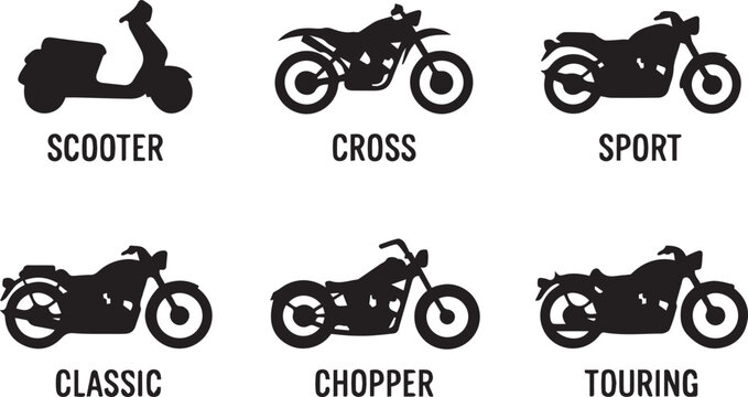 motorcycle scooter cross sport classic chopper touring icons vector set