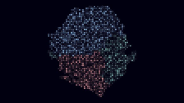 Sierra Leone animated country shape. Pulsating colored dots on the map of the country. Small size rounded square blocks. Digital style Sierra Leone map on dark background. Simple animation video.