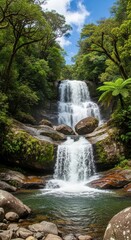 Waterfall on a Sunny Day with Blue Sky. Energetic Water Flow Over Smooth Rocks. Untouched Natural Beauty of a Forest Waterfall.