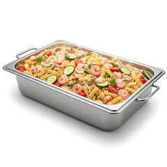 Delicious pasta salad served in a stainless steel serving pan perfect for events