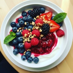 Delicious yogurt bowl topped with fresh berries granola and fruit compote