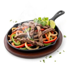 Sizzling steak fajitas in a cast iron skillet with peppers and lime