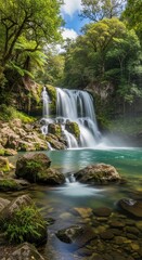 Moss-Covered Rocks and Turquoise Waterfall. Dynamic Waterfall in Vibrant Landscape. Tranquil Waterfall Pool Reflection.