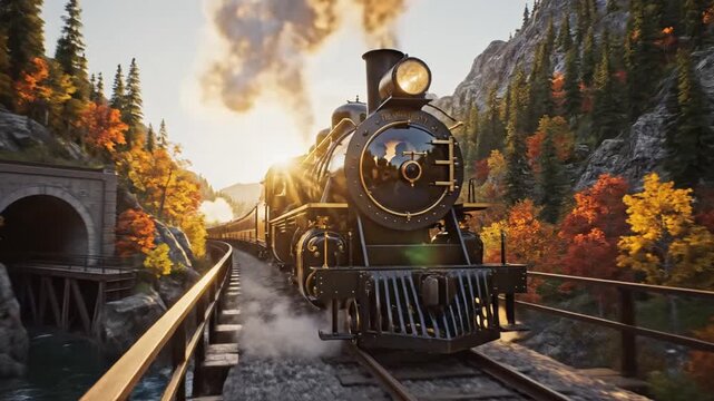 Vintage steam train on scenic railroad track surrounded by autumnal forest and rocky mountains