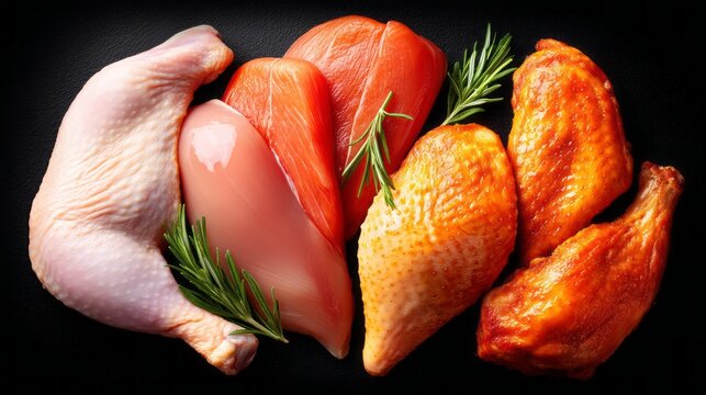 Different types of raw chicken are neatly displayed on a dark surface, showcasing various cuts including wings, breast, and thighs, accented by fresh green herbs for contrast