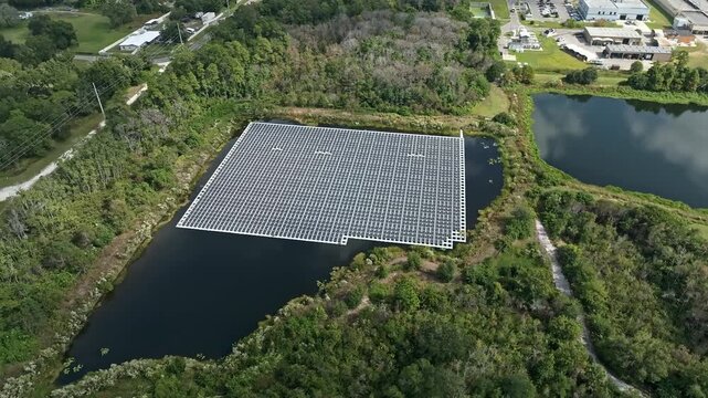 Aerial video circling around a floating solar array in Altamonte Springs, Florida, USA.  November 4, 2025.