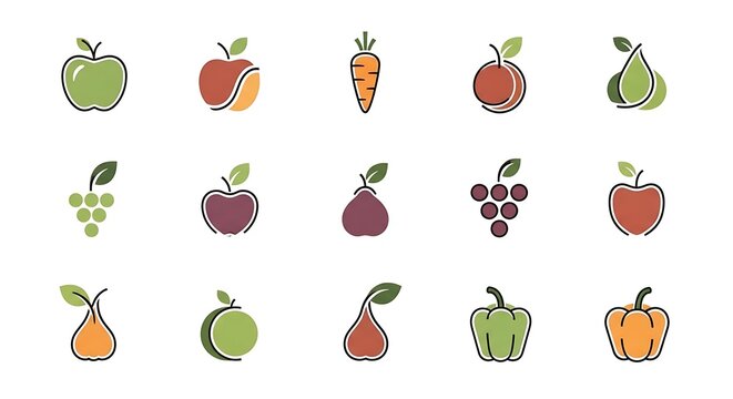 Colorful fruit and vegetable icons set on white background.