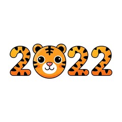 Obraz premium Cute tiger face replaces zero in 2022 year of the tiger graphic isolated on white background