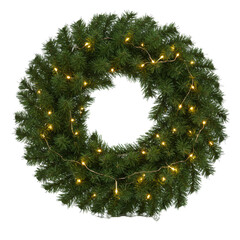 A vibrant, lush green artificial pine wreath with warm white LED lights and a subtle reflection, isolated on a transparent background with copy space, serene Christmas decoration concept