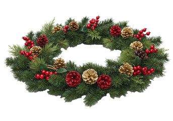 A traditional Christmas garland with dark green pine, red berries, natural, shiny red, and golden pinecones on a transparent background with copy space, elegant holiday concept