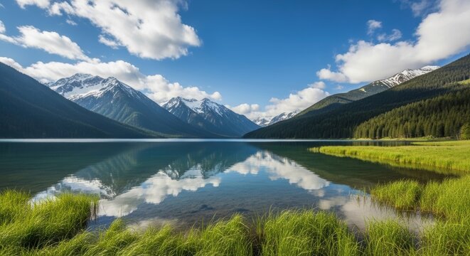 Serene Mountain Lake with Snow-Capped Peaks. Vibrant Alpine Lake Reflecting Blue Sky. Tranquil Forest Lake and Mountain Landscape.
