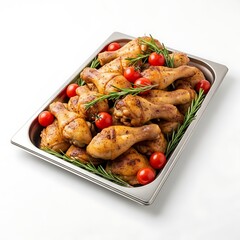 Delicious roasted chicken drumsticks with cherry tomatoes and rosemary in a metal tray