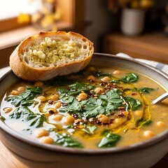 Hearty chickpea and spinach soup served with crusty garlic bread a delicious and nutritious meal