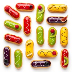 Colorful assortment of delicious gourmet éclairs with various toppings and fruit