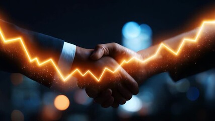A dynamic representation of partnership and collaboration, featuring two hands engaging in a handshake against a cityscape backdrop, symbolizing growth and mutual success through energy and connection - Powered by Adobe