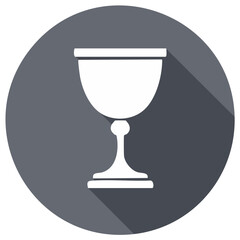 White chalice icon with long shadow effect on a grey circular background