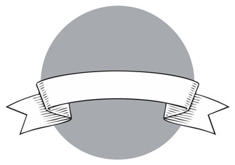 Blank vintage ribbon banner over a gray circle badge element. Hand drawn retro label or emblem illustration.