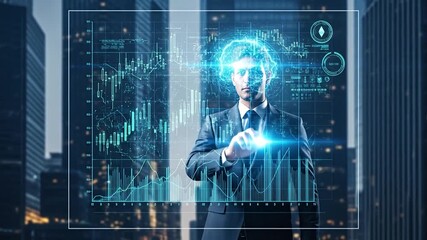 Futuristic financial analysis: Businessman analyzing data on large screen display - Powered by Adobe