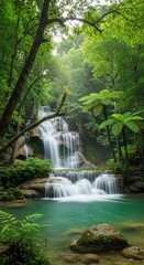 Multi-Tiered Forest Waterfall with Silky Water. Long Exposure Waterfall in Green Woods. Tranquil Turquoise Pool Waterfall Scene.