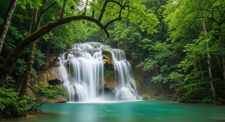 Multi-Tiered Forest Waterfall with Silky Water. Long Exposure Waterfall in Green Woods. Tranquil Turquoise Pool Waterfall Scene.