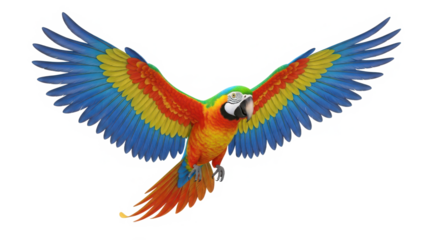 Vibrant and colorful scarlet macaw parrot with wings spread wide in flight isolated on transparent background