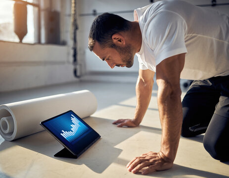Man in workout gear analyzing performance data on a tablet in a sunlit home gym or studio