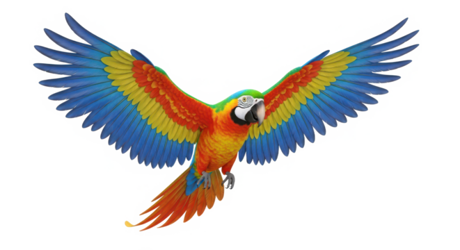 Vibrant and colorful scarlet macaw parrot with wings spread wide in flight isolated on transparent background