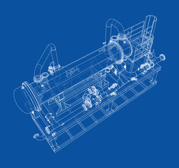 Industrial Machine Blueprint on Blue Background