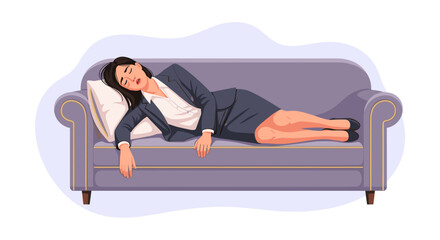 Exhausted Asian businesswoman collapses on a couch after a long day at work, overwhelmed by stress and professional burnout in the modern office.