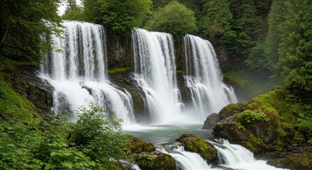 Obraz premium Wide Cascading Waterfall with Multiple Streams. Frothy Waterfall in Untouched Nature. Power and Beauty of Forest Waterfall.