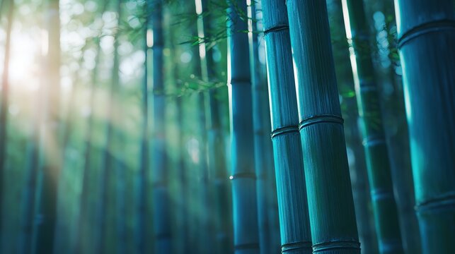 Travel destination bamboo forest landscape, swaying stalks creating natural rhythm, light penetration with dappled patterns