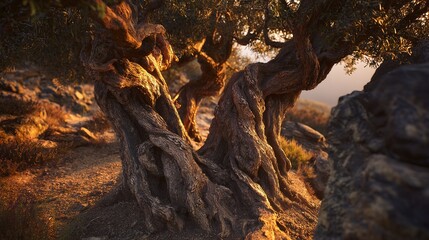 Fototapeta premium Ancient olive tree with twisted branches at sunset golden hour, rim light creating dramatic silhouette against layered landscape