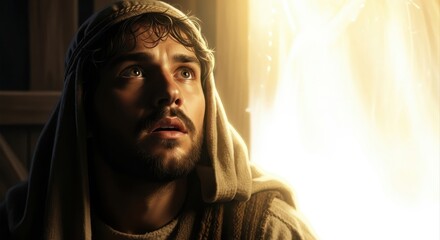 Obraz premium joseph looks up in awe at divine angelic light in biblical scene. nativity story of christmas. christian faith, hope, and miracle concept. copyspace.