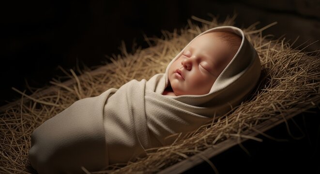 newborn baby jesus sleeping peacefully in manger on bed of straw. serene depiction of biblical nativity scene. christian christmas holiday. greeting card, banner. - Powered by Adobe