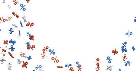3D rendered illustration of percentage symbols in red blue and white colors, ideal for financial concepts, discounts and sales promotions. Moder